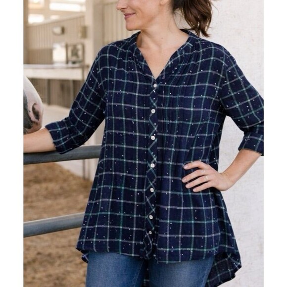 croft & barrow Tops - Croft & Barrow Navy Blue Plaid Tunic Flannel Shirt, Prairie Cottagecore Country